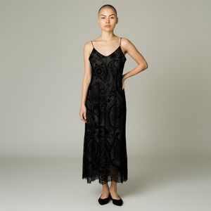 Black Burnout Velvet Slip Midi Dress Spaghetti Straps V Neck Sheer Evening Small